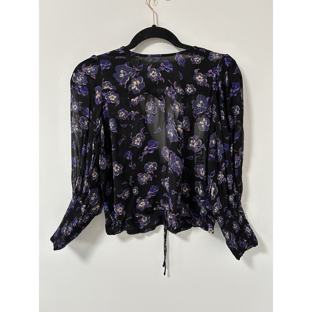 NWT Ganni Top Blouse Printed Floral Georgette Sheer Fairy Boho Black‎ 34 Small